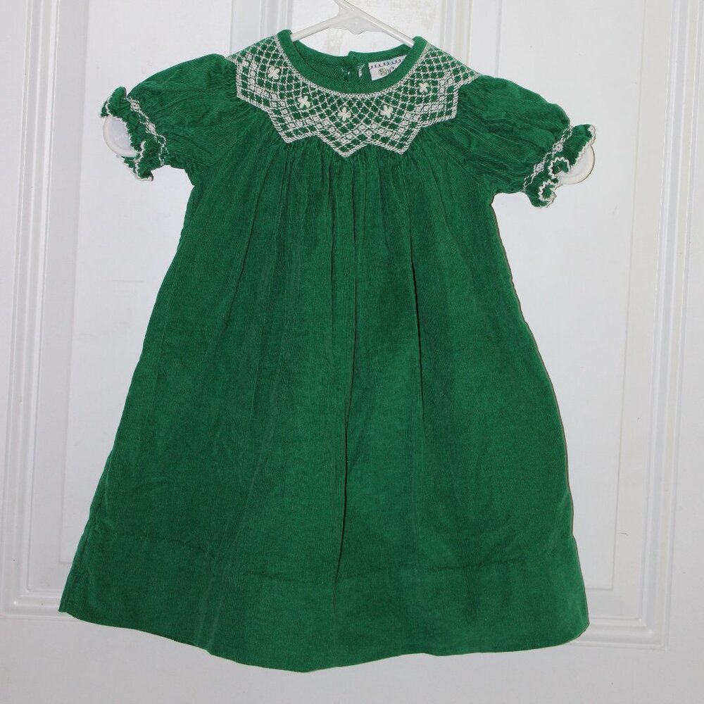 Sucre By Le Za Me Girls Size 24 Months Green Corduroy Smocked Dress
